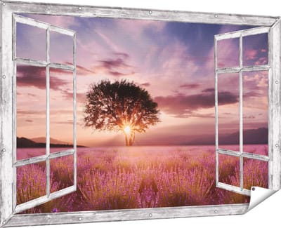 Gards Tuinposter Doorkijk Bloemenveld met Lavendel bij Zonsondergang - 180x120 cm - Tuindoek - Tuindecoratie - Wanddecoratie buiten - Tuinschilderij