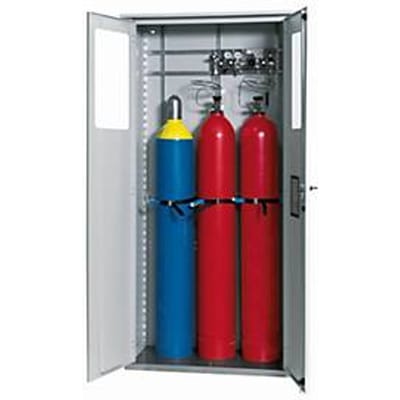 Gasflessenkast G-OD Standaard, dubbele deur, vaste glasuitsparing, 3x 50 l cilinders, B 1006 x D 400 x H 2149 mm