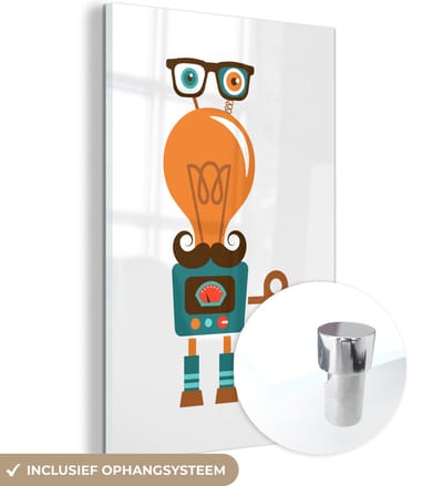 MuchoWow® Glasschilderij 40x60 cm - Schilderij acrylglas - Robot - Bril - Gloeilamp - Snor - Kinderen - Jongens - Foto op glas - Schilderijen