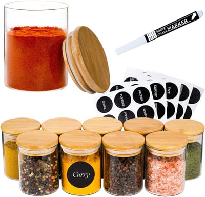 Kruidenpotjes Set - Specerij Containers - Keuken Ordenen - Nederlandse Etiketten - Bruin met glas