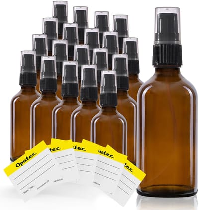 Oputec 20 x 50ml pompflessen – bruine glazen crèmespender & lotionspender – navulbaar & herbruikbaar – met etiketten – dicht & reisvriendelijk