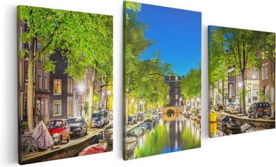Artaza Canvas Schilderij Drieluik Amsterdamse Gracht In De Nacht - 120x60 cm - Wanddecoratie Woonkamer - Schilderijen - Muurdecoratie