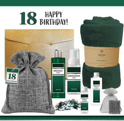 Geschenkset “18 Jaar Happy Birthday!” - 7 Producten - 1100 Gram - Triomf Cosmetica | Giftset voor hem Luxe wellness cadeaubox Cadeau man Verjaardag Veertig Gefeliciteerd Gift Eighteen years Party Cadeaupakket Deluxe Vriend Verjaardagscadeau Groen