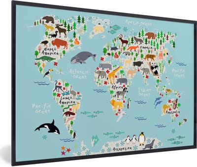 Poster in lijst voor kinderen - Schilderij kids - Wanddecoratie kinderkamer - Wereldkaart - Kinderen - Dieren - Blauw - Orka - Walvis - 90x60 cm
