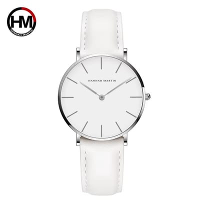 HANNAH MARTIN horloge met witte lederen polsband, witte wijzerplaat, zilveren horlogekast en zilveren wijzers voor dames met stijl ( model CB36 YB )
