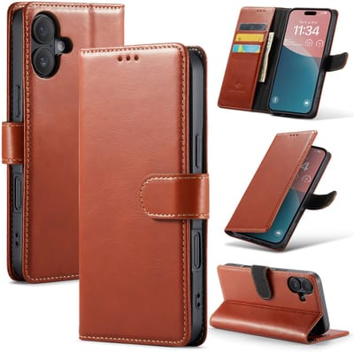 Casemania Echt Leren Hoesje Geschikt voor Apple iPhone 16 Plus - Bruin - Leer Wallet Bookcase - Portemonnee Telefoonhoesje met Pasjeshouder