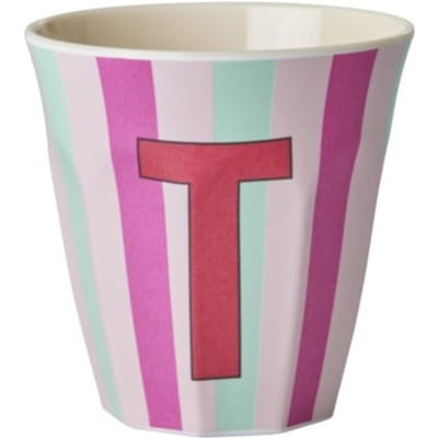 Rice melamine beker medium gestreept letter t, roze