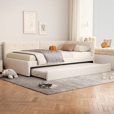 90x200cm slaapbank - met uitschuifbaar bed - eenpersoonsbed - beige - zonder matras