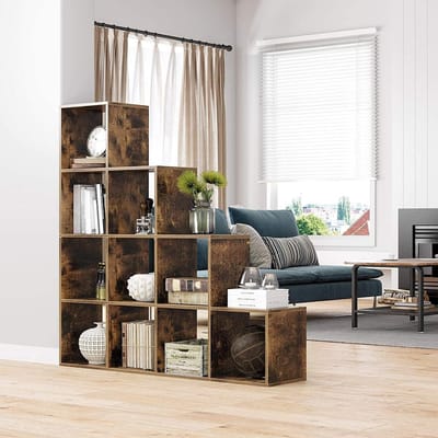 Boekenkast - 10 Vakken - Archiefkast - Kast - Kasten - Hout - Bruin - Industrieel - 129,5 x 30,5 cmTrappenrek, boekenkast met 10 blokjes, ladderrek, kubusrek, vrijstaand rek, ruimteverdeler, voor kantoor, woonkamer, vintage, donkerbruin