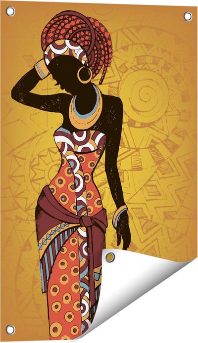Gards Tuinposter Getekende Afrikaanse Vrouw - Abstract - 40x60 cm - Tuindoek - Tuindecoratie - Wanddecoratie buiten - Tuinschilderij