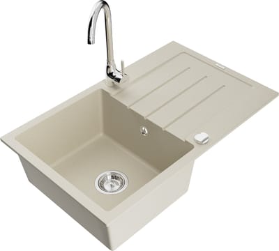 Mexen Bruno granieten gootsteen met 1 bak en afdruiprek en Telma keukenkraan, beige - 6513-69-670200-00