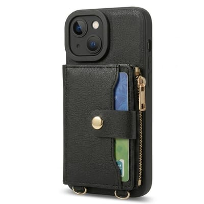 Zwart telefoon hoesje met portemonnee en koord geschikt voor iPhone 13 Mini – faux leren wallet case met pasjeshouder, drukknoopsluiting en beschermende backcover