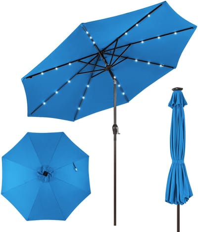 COSTWAY Parasol 300 cm met led-verlichting, parasolvoet niet inbegrepen, tuinparasol met zwengel, aan beide zijden 30° knikbaar, terrasparasol met 8 ribben, marktscherm voor tuin, balkon (blauw)