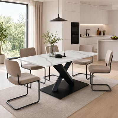 Eettafel - Onbekend - Grote Rechthoekige Eettafel X-Vorm Onderstel voor 6-8 Personen en Home Office - MDF en Metaal - Wit Marmer Look Zwart