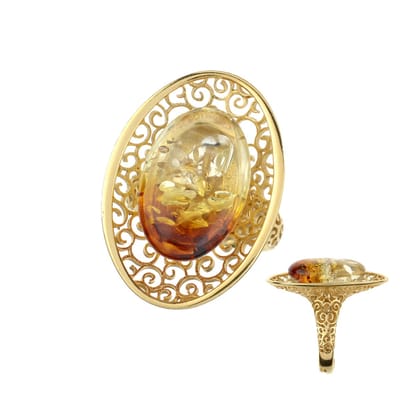 Cavill - Zilveren ring verguld met 3,5 ct Zonsopgang Baltische Barnsteen Ovaal cabochon - 925 Sterling Zilver - Elegante damesring maat 16-19