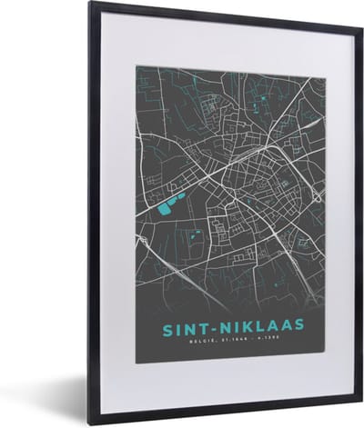 Fotolijst incl. Poster - België – Sint Niklaas – Stadskaart – Kaart – Blauw – Plattegrond - 30x40 cm - Posterlijst