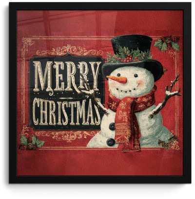 Poster in lijst - Fotolijst 40x40 cm - Posters - Klassiek - Kerstgroet - Sneeuwpop - Rood - Posterlijst zwart - Decoratie - Wanddecoratie woonkamer - Muurdecoratie slaapkamer - Kerstversiering - Kerstdecoratie voor binnen - Kerstmis