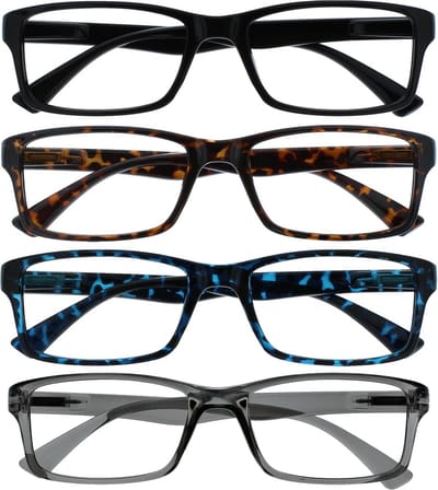 4-Pack Leesbrillen Zwart Bruin Blauw Grijs Ontwerperstijl Met Sterkte +1.00