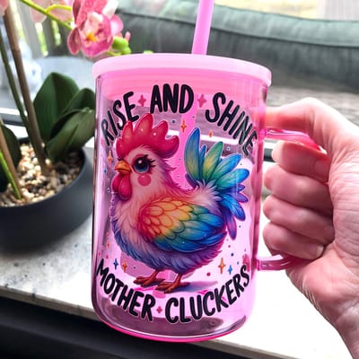 Creasowl® Rise and Shine Mothercluckers glazen mok - Glas Met Plastic Rietje - Drinkbeker - Drinkbekers - Ijs Koffiebeker - Ijskoffie Beker Cadeau