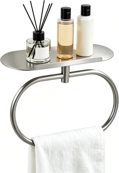 handdoekring met plank, wandgemonteerde ovale handdoekhouder voor badkamer, moderne handdoekhouder voor woonkamer en keuken (zilver)