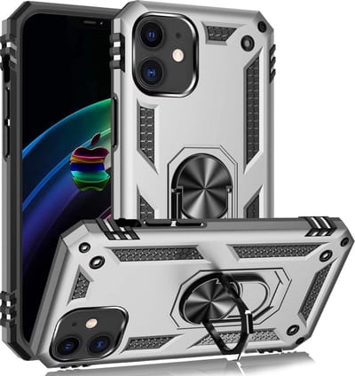 HB Hoesje Geschikt voor Apple iPhone 12 Mini - Grijs - Anti-Shock Hybrid Armor Back Cover - Hoes met Kickstand Ring