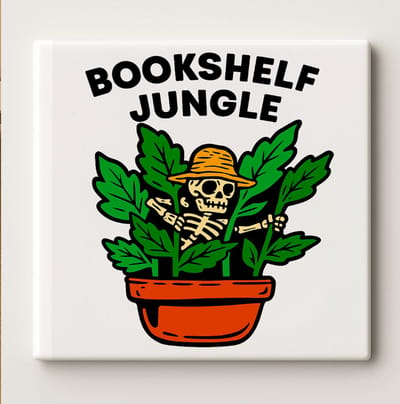 Bookshelf Jungle Keramische Tegel 15x15 cm – Grappig Skelet in Plantenpot Ontwerp – Originele Wanddecoratie & Perfect Cadeau voor Planten- en Boekenliefhebbers