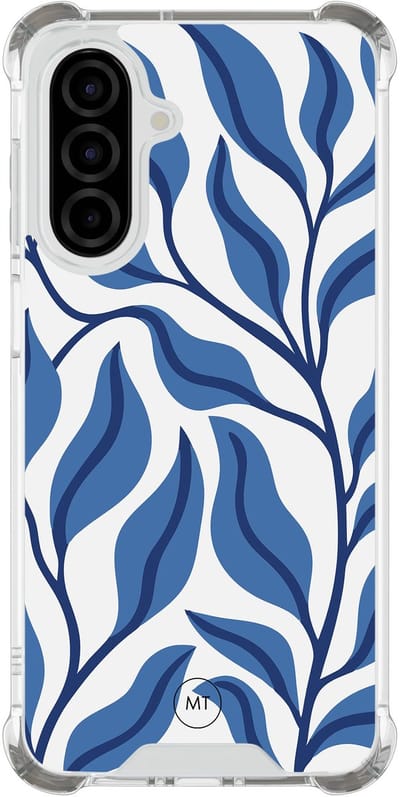 Hoesje (shockproof) geschikt voor Samsung Galaxy A26 - Blue leaves - Extra sterke case - TPU/polycarbonaat - Print - Blauw, Transparant