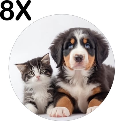 Luxe Ronde Placemat - Kitten en Puppy met Witte Achtergrond - Set van 8 Placemats - 50x50 cm - 2 mm dik Vinyl - Anti Slip - Afneembaar