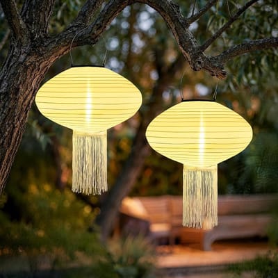 SnelShoppen - Solar Lantaarns voor Buiten 2 Stuks Weerbestendig 25 cm Hangend Lampion Zonne-energie IP65 Waterdicht Nylon Warmwit LED Tuin Balkon Terr