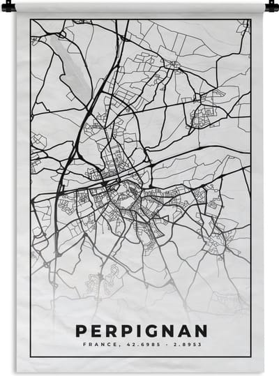 Wandkleed - Wanddoek - Plattegrond - Kaart - Frankrijk - Stadskaart - Perpignan - Zwart wit - 120x180 cm - Wandtapijt