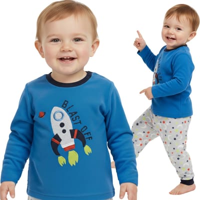 Raket, tweedelig, warm pyjama voor jongens, fleece pyjama met lange broek voor jongens