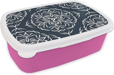 Broodtrommel Roze - Lunchbox - Brooddoos - Patroon - Bloem - Donkerblauw - 18x12x6 cm - Kinderen - Meisje