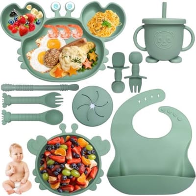 PolkaHome Babyvoedingsset, 10-delige babyvoedingsset, antislip babyvoeding met zuignap, bord, kom, slabbetje, bestekset voor kinderen, BPA-vrij (groen)