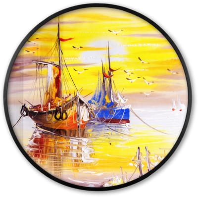 Poster in lijst Rond - Fotolijst 60x60 cm - Posters - Schilderij - Boot - Water - Olieverf - Ronde posterlijst zwart - Decoratie - Wanddecoratie woonkamer - Muurdecoratie slaapkamer
