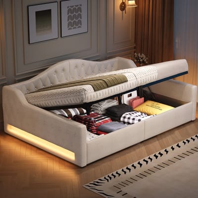 DESMIU Dagbed 140x200 cm – Met LED-Verlichting – Opklapbare Onderbedberging – Ideaal Voor Logeerkamer Of Slaapkamer – Linnenlook – Beige – Zonder Matras