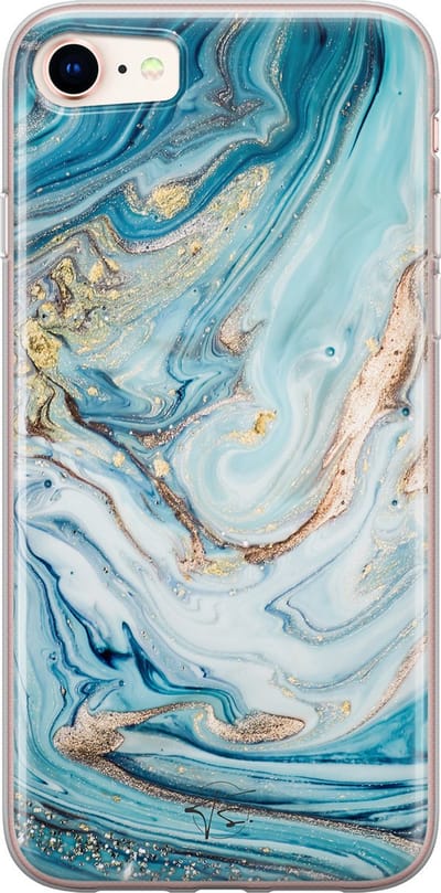 Hoesje geschikt voor iPhone 8 - Marmer blauw goud - Soft Case - TPU - Marmer - Blauw - Mooie Telefoonhoesjes