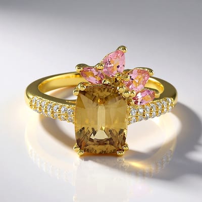 Cavill - Vergulde Zilveren Ring - 2,95 Ct Gele Zirkoon Antiek Briljant - Roze Toermalijn & Cambodjaanse Zirkonia - Elegant Bloemmotief Prong Zetting