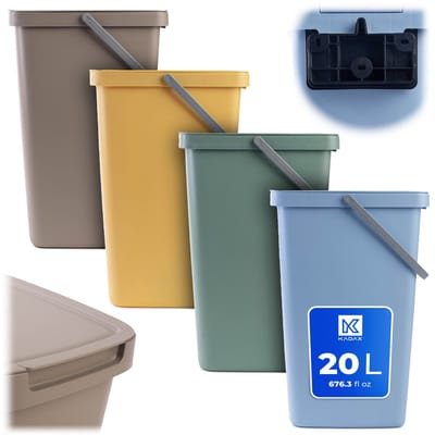 KADAX afvalbak 20L, set van 4, met deksel en handvat, kunststof afvalbak, prullenbak, afvalverzamelaar (bruin, groen, geel, blauw)