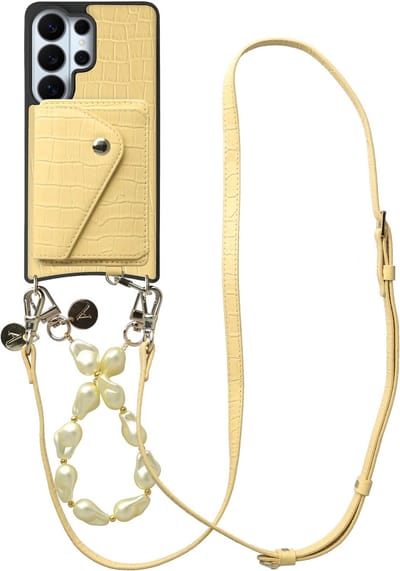 AVY Leren Hoesje geschikt voor Samsung Galaxy S26 Ultra | Met Koord en Kaarthouder | Compatibel met MagSafe | Leather Case met Polsand & Crossbody Koord & Wallet | Pearl Leather Set | Croco Geel