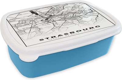 Broodtrommel Blauw - Lunchbox - Brooddoos - Frankrijk - Kaart - Strasbourg - Plattegrond - Stadskaart - Zwart wit - 18x12x6 cm - Kinderen - Jongen