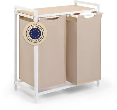 Blumtal Wasmand met 2 vakken - Wasmand met bamboe plank - Metalen frame - Wasmand met poten - Wit en creme
