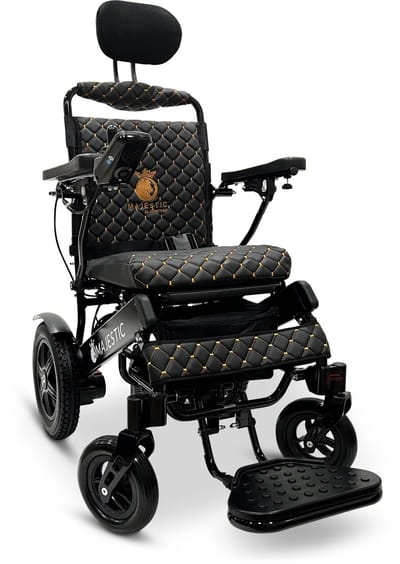 COMFYGO IQ-9000 AR Elektrische rolstoel, lichtgewicht, draadloze afstandsbediening, tot 30km, handmatig inklapbaar met Automatisch achterover leunen, Zwart frame & Zwart leer textiel, Zitbreedte 51cm