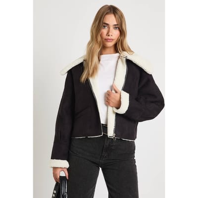 boohoo Dames Teddy Trim nepsuede Aviator | Black | Maat: 8
