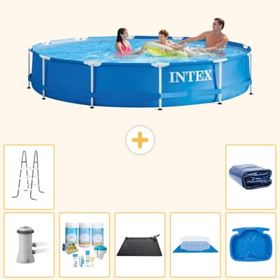 Intex Rond Frame Zwembad - 366 x 76 cm - Blauw - Inclusief Pomp - Onderhoudspakket - Solar Mat - Grondzeil - Voetenbad - Ladder - Solarzeil - 8-delig