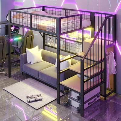 REDOM Hoogslaper – 90x200 cm – Met trap, opbergruimte, open kast & LED-verlichting – Metaal – Zwart