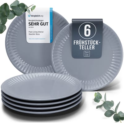 Pure Living Hygge Ontbijtborden - Grijsblauw - 6 Stuks (Ø 20 cm) - Krasbestendig - Ribbelstructuur