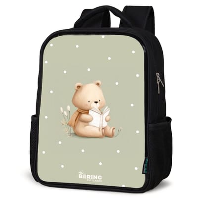 NoBoringSuitcases.com® - Rugzak zwart - Schooltas jongen & meisje - Een bruine beer die een boek leest - Groen - Rugtas voor school - Boekentas kind - Schoolrugzak - Kinderrugzak