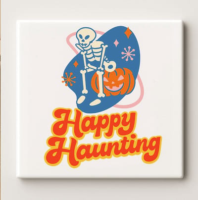 Happy Haunting Keramische Tegel 15x15 cm – Skelet en Pompoen Halloween Ontwerp – Leuke Spookachtige Wanddecoratie & Perfecte Halloween Versiering
