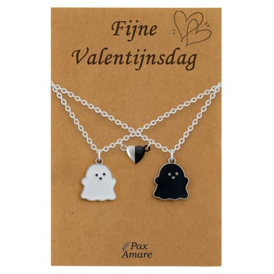 Koppel Ketting voor 2 'Fijne Valentijnsdag' - Spookjes + Magnetisch Hartje - Vriendschapsketting op Cadeau Kaartje - 45cm + 5cm verstelbaar - Zilverkleurig - BFF Hanger - Pax Amare