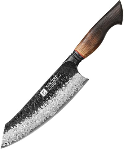 XinZuo Santokumes Damascus – X06 Mo Series – 19 cm – Gebrand Eiken Handvat – Professioneel Keukenmes